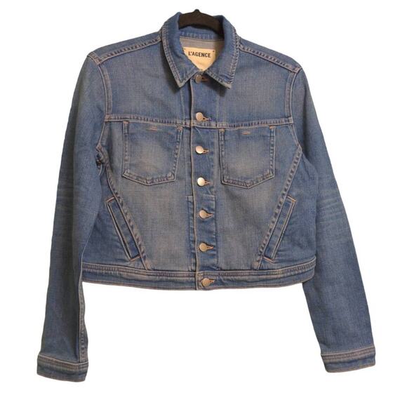 L'Agence Jemma Pomona Denim Jean Jacket Blue Waist Length Button-Up Collar S New - Picture 1 of 9